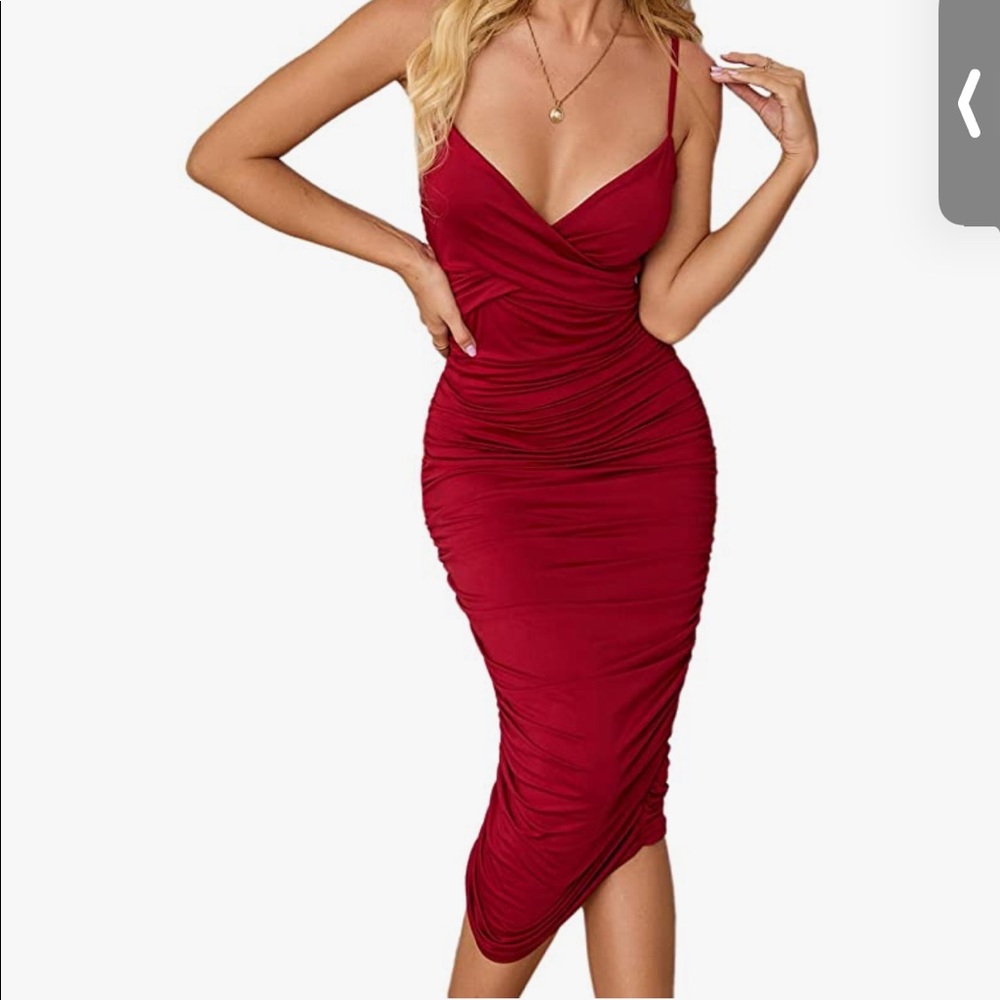SheIn Women's V Neck Spaghetti Straps Sleeveless Ruched Bodycon Cami Dress